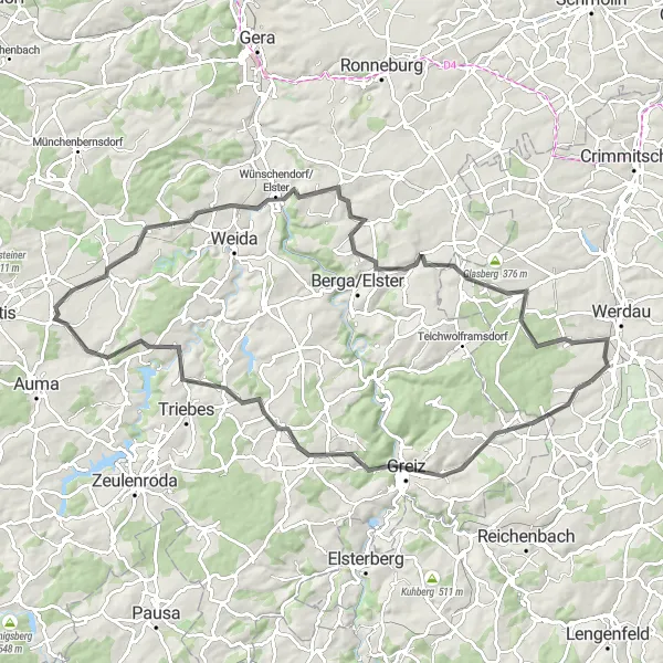 Map miniature of "Greiz Scenic Loop" cycling inspiration in Chemnitz, Germany. Generated by Tarmacs.app cycling route planner