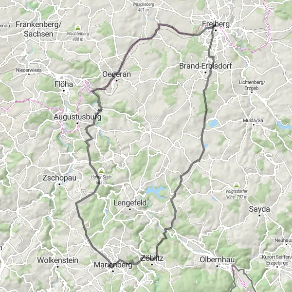 Karten-Miniaturansicht der Radinspiration "Road-Tour um Brand-Erbisdorf" in Chemnitz, Germany. Erstellt vom Tarmacs.app-Routenplaner für Radtouren