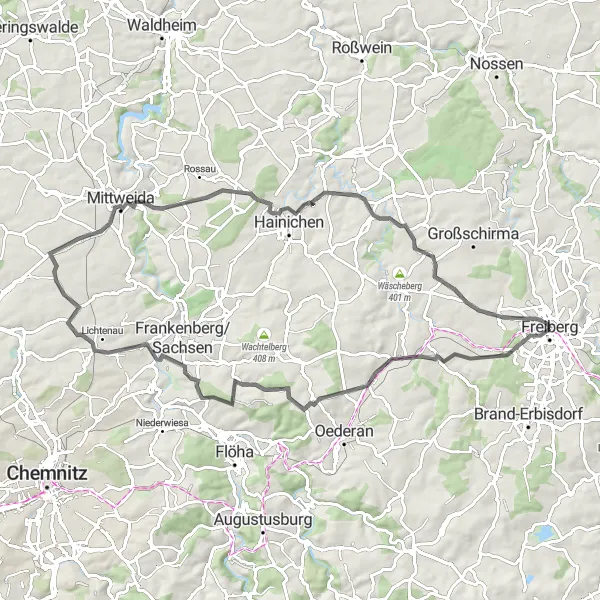 Karten-Miniaturansicht der Radinspiration "Rundtour ab Freiberg" in Chemnitz, Germany. Erstellt vom Tarmacs.app-Routenplaner für Radtouren