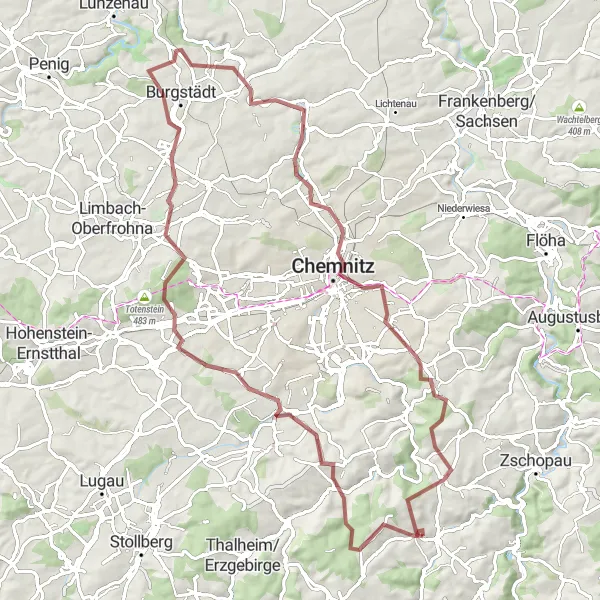 Map miniature of "Gelenau Gravel Adventure" cycling inspiration in Chemnitz, Germany. Generated by Tarmacs.app cycling route planner