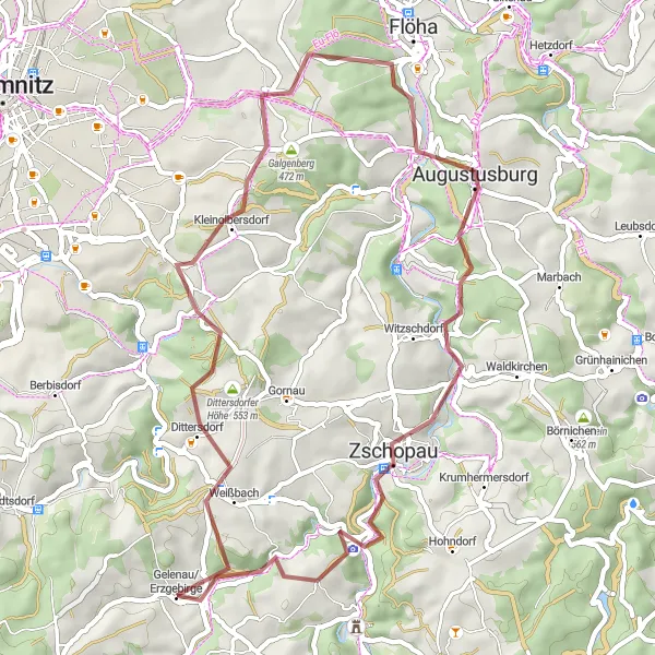 Karten-Miniaturansicht der Radinspiration "Gravel Abenteuer im Erzgebirge" in Chemnitz, Germany. Erstellt vom Tarmacs.app-Routenplaner für Radtouren