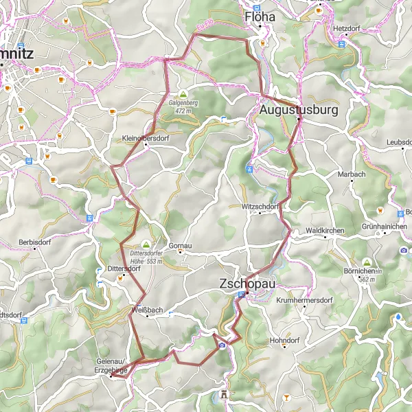 Map miniature of "Adelsberg Adventure" cycling inspiration in Chemnitz, Germany. Generated by Tarmacs.app cycling route planner