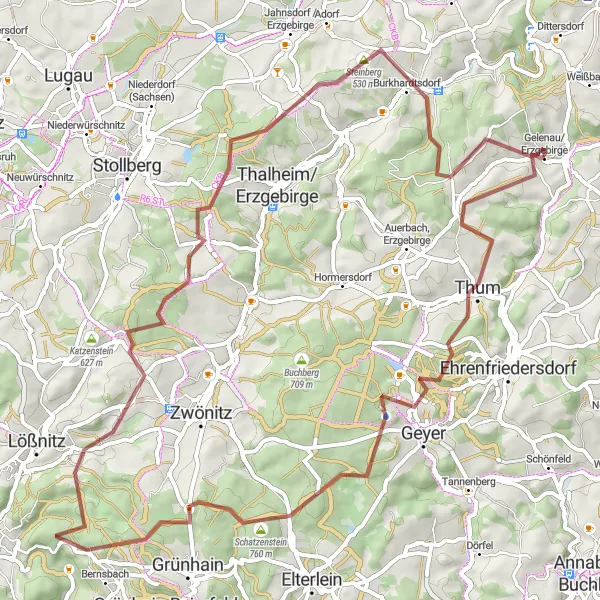 Map miniature of "Gravel Adventure near Gelenau" cycling inspiration in Chemnitz, Germany. Generated by Tarmacs.app cycling route planner