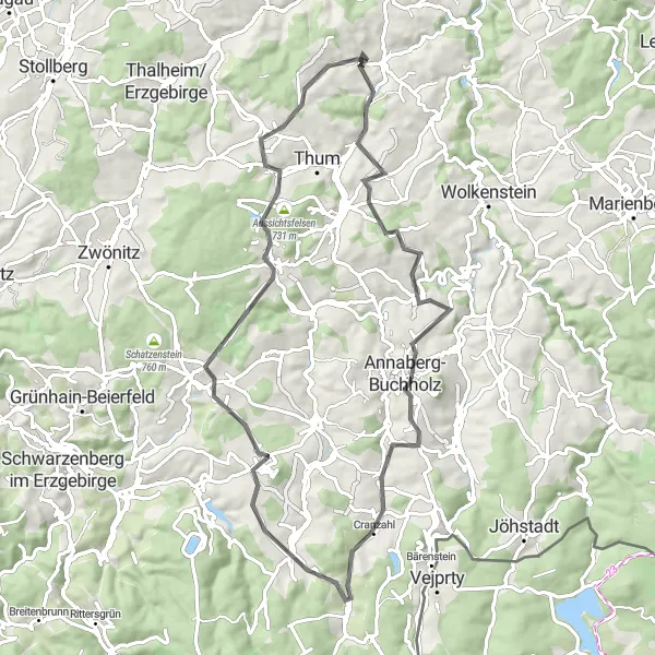 Map miniature of "Scenic Road Ride near Gelenau" cycling inspiration in Chemnitz, Germany. Generated by Tarmacs.app cycling route planner