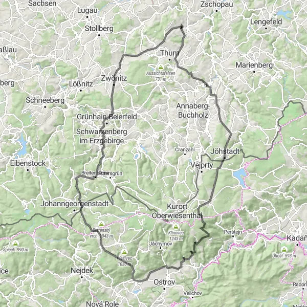 Karten-Miniaturansicht der Radinspiration "Tour durch das Erzgebirge und Böhmen" in Chemnitz, Germany. Erstellt vom Tarmacs.app-Routenplaner für Radtouren