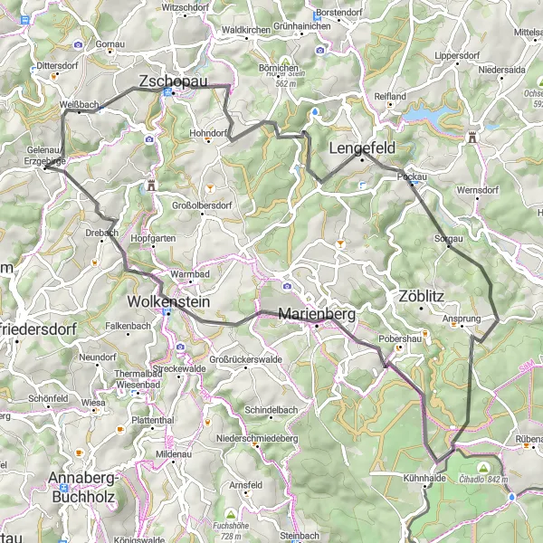 Karten-Miniaturansicht der Radinspiration "Erzgebirge & Zschopau Runde" in Chemnitz, Germany. Erstellt vom Tarmacs.app-Routenplaner für Radtouren