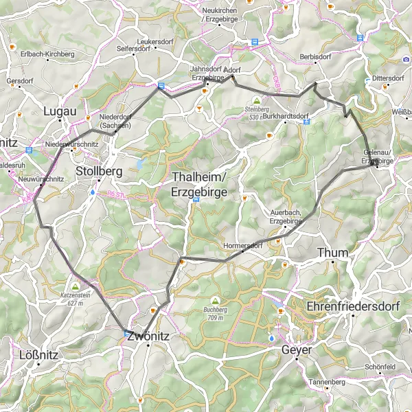 Map miniature of "Auerbach Hill Challenge" cycling inspiration in Chemnitz, Germany. Generated by Tarmacs.app cycling route planner