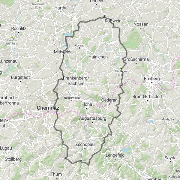 Map miniature of "Erz Mountains Loop from Gelenau" cycling inspiration in Chemnitz, Germany. Generated by Tarmacs.app cycling route planner