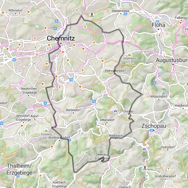 Map miniature of "Chemnitz Road Adventure" cycling inspiration in Chemnitz, Germany. Generated by Tarmacs.app cycling route planner