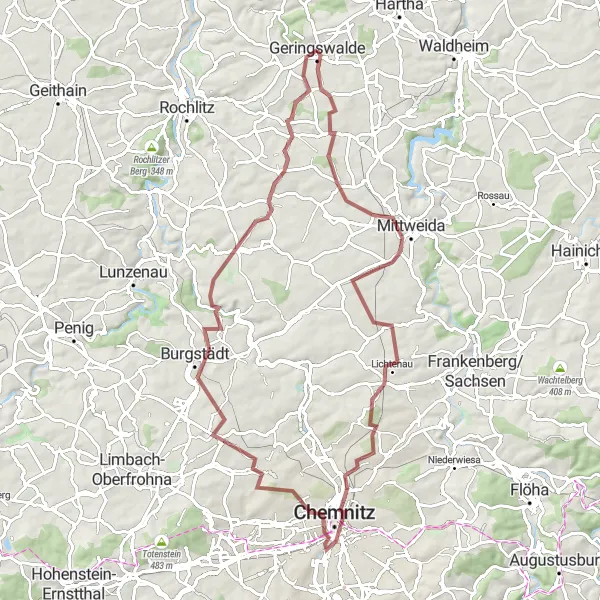 Karten-Miniaturansicht der Radinspiration "Erkundungstour durch Chemnitz und Umgebung" in Chemnitz, Germany. Erstellt vom Tarmacs.app-Routenplaner für Radtouren