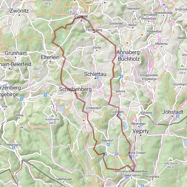 Map miniature of "Cranzahl Gravel Exploration" cycling inspiration in Chemnitz, Germany. Generated by Tarmacs.app cycling route planner