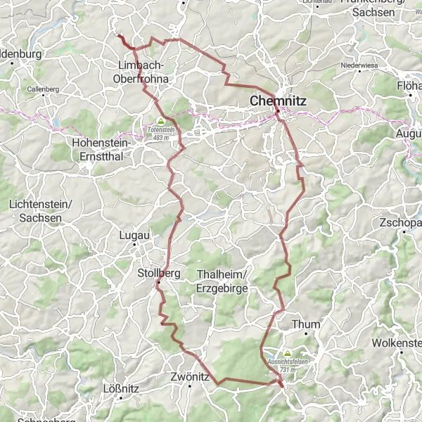 Karten-Miniaturansicht der Radinspiration "Erzgebirgsabenteuer auf Schotterwegen" in Chemnitz, Germany. Erstellt vom Tarmacs.app-Routenplaner für Radtouren
