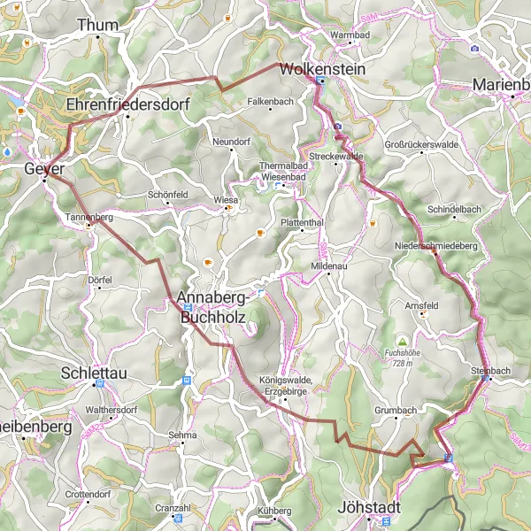 Karten-Miniaturansicht der Radinspiration "Abenteuer im Erzgebirge: Von Geyer zum Hohlstein" in Chemnitz, Germany. Erstellt vom Tarmacs.app-Routenplaner für Radtouren