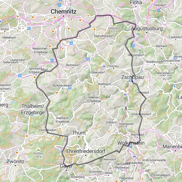 Karten-Miniaturansicht der Radinspiration "Vom Chemnitzer Land bis zum Großolbersdorfer Beobachtungsposten" in Chemnitz, Germany. Erstellt vom Tarmacs.app-Routenplaner für Radtouren