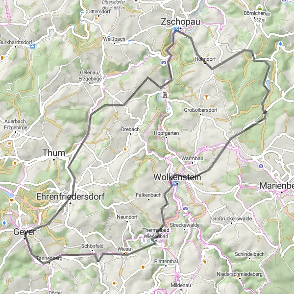 Karten-Miniaturansicht der Radinspiration "Herrschaftliche Bergtour rund um Geyer" in Chemnitz, Germany. Erstellt vom Tarmacs.app-Routenplaner für Radtouren