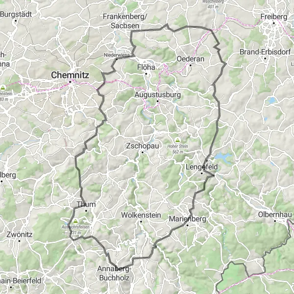 Karten-Miniaturansicht der Radinspiration "Große Erzgebirgstour: Von Geyer nach Marienberg" in Chemnitz, Germany. Erstellt vom Tarmacs.app-Routenplaner für Radtouren
