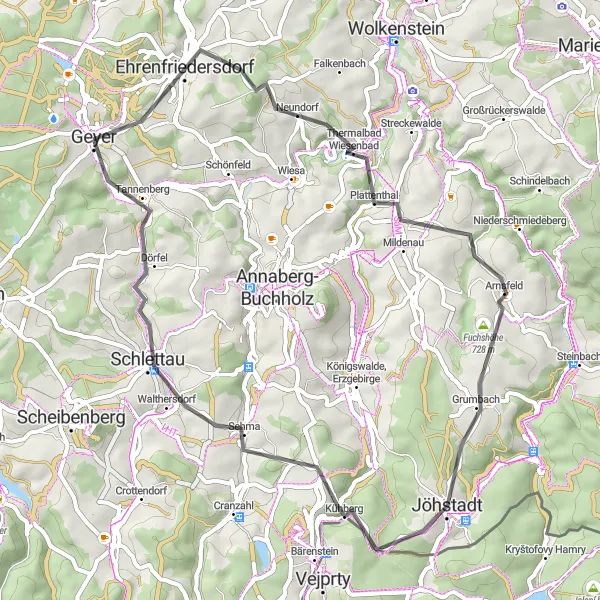 Karten-Miniaturansicht der Radinspiration "Von Geyer nach Zigeunerfelsen und zurück" in Chemnitz, Germany. Erstellt vom Tarmacs.app-Routenplaner für Radtouren