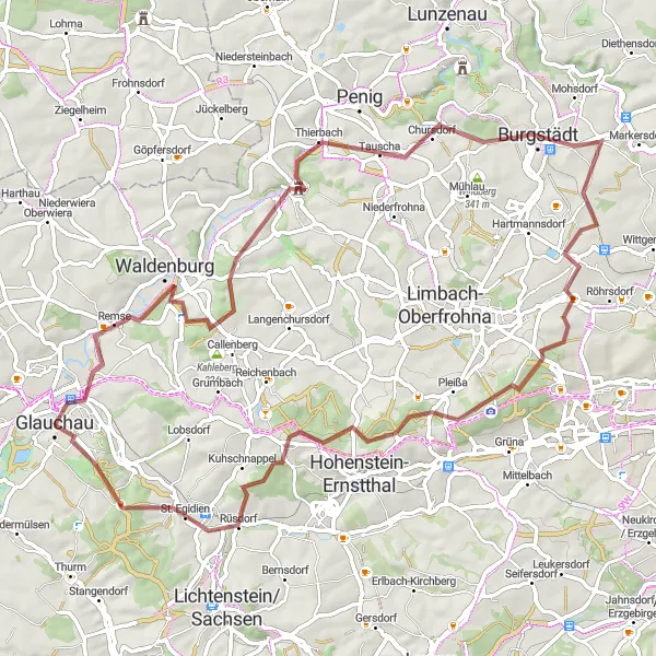 Map miniature of "Gravel Adventure in the Countryside" cycling inspiration in Chemnitz, Germany. Generated by Tarmacs.app cycling route planner
