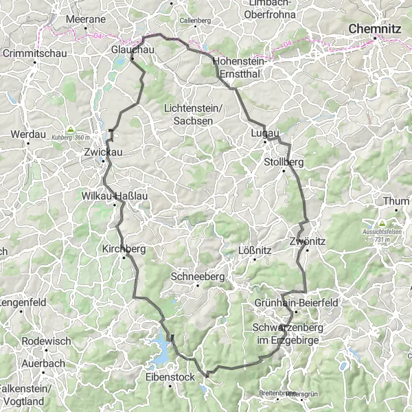 Map miniature of "The Ore Mountains Loop" cycling inspiration in Chemnitz, Germany. Generated by Tarmacs.app cycling route planner