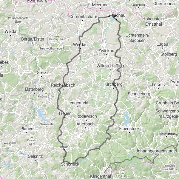 Map miniature of "Kirchberg Epic Loop" cycling inspiration in Chemnitz, Germany. Generated by Tarmacs.app cycling route planner