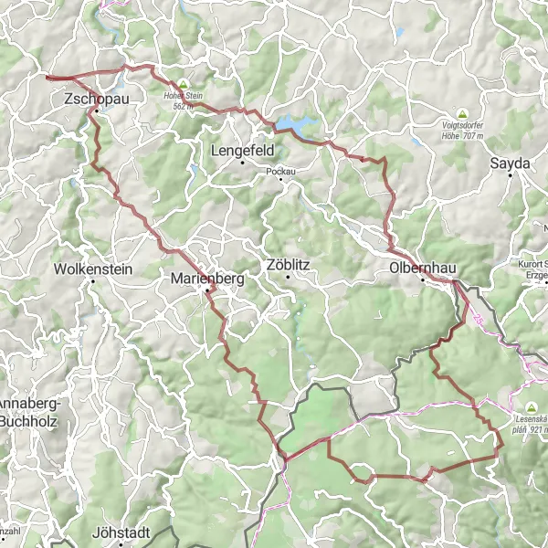 Karten-Miniaturansicht der Radinspiration "Abenteuerliche Graveltour in der Nähe von Gornau" in Chemnitz, Germany. Erstellt vom Tarmacs.app-Routenplaner für Radtouren