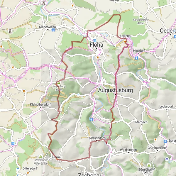 Karten-Miniaturansicht der Radinspiration "Graveltour um Gornau" in Chemnitz, Germany. Erstellt vom Tarmacs.app-Routenplaner für Radtouren