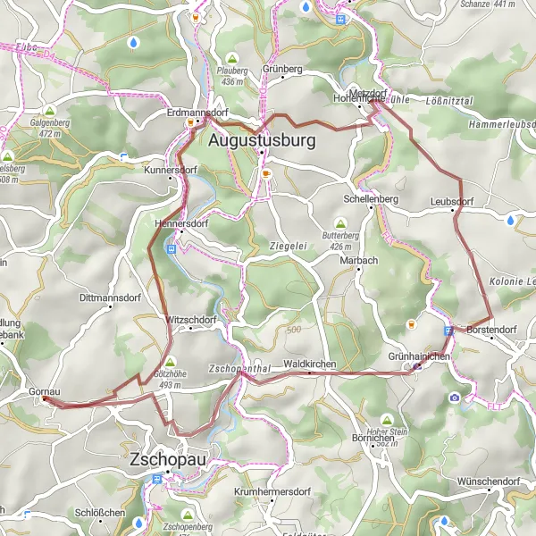 Map miniature of "Zschopau and Gänsediebbrunnen Gravel Loop" cycling inspiration in Chemnitz, Germany. Generated by Tarmacs.app cycling route planner