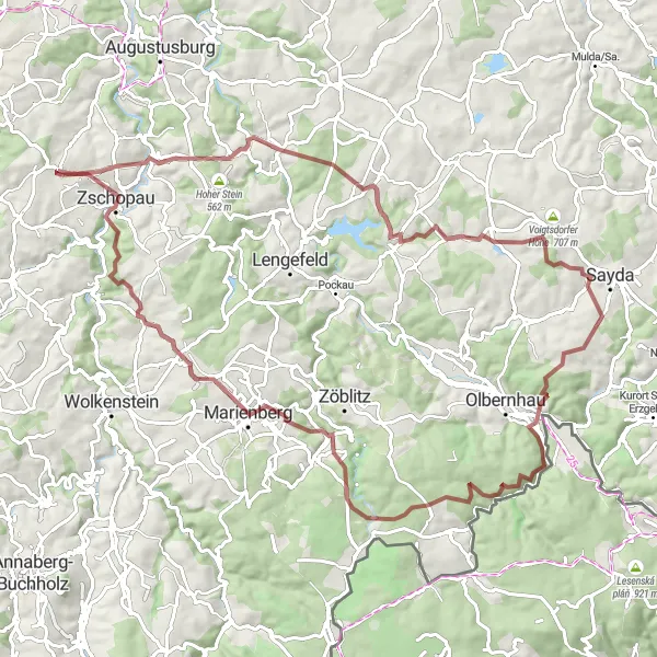 Map miniature of "Gornau Gravel Adventure" cycling inspiration in Chemnitz, Germany. Generated by Tarmacs.app cycling route planner