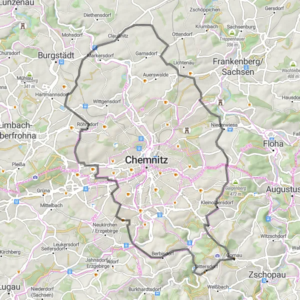 Map miniature of "Chemnitz and Surroundings" cycling inspiration in Chemnitz, Germany. Generated by Tarmacs.app cycling route planner