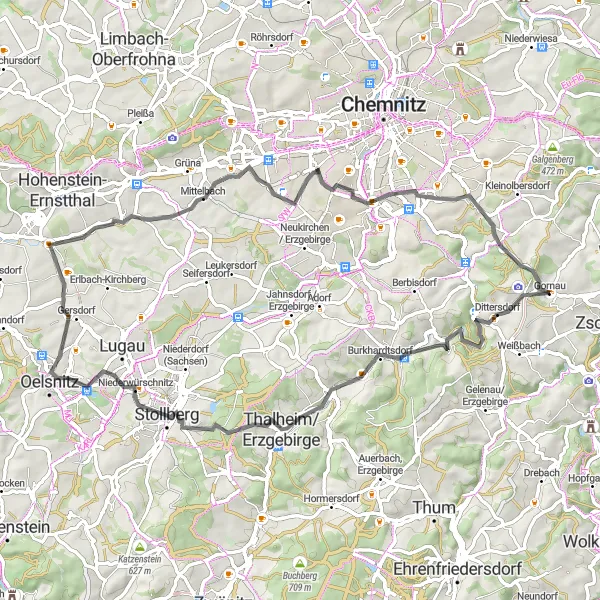 Karten-Miniaturansicht der Radinspiration "Roadtrip durch die Umgebung von Gornau" in Chemnitz, Germany. Erstellt vom Tarmacs.app-Routenplaner für Radtouren