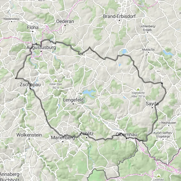 Map miniature of "Scenic Countryside Challenge" cycling inspiration in Chemnitz, Germany. Generated by Tarmacs.app cycling route planner