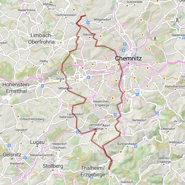 Karten-Miniaturansicht der Radinspiration "Durch die Natur und Dörfer des Erzgebirges" in Chemnitz, Germany. Erstellt vom Tarmacs.app-Routenplaner für Radtouren
