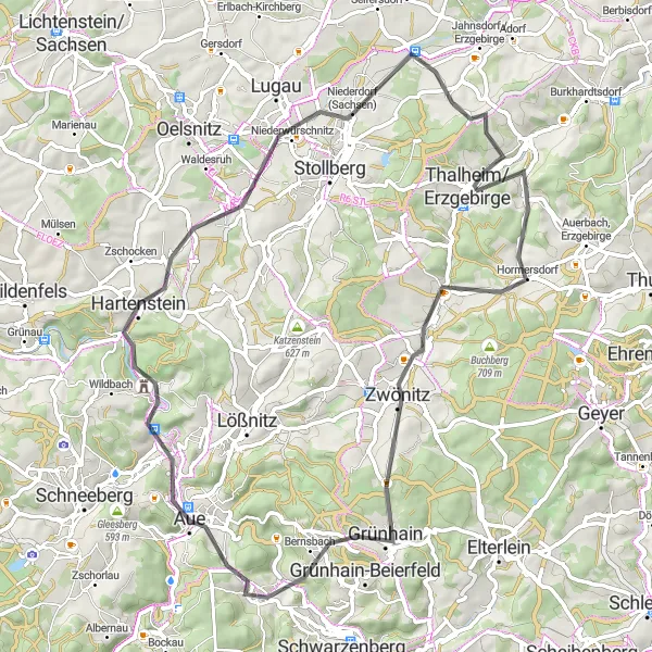 Map miniature of "Gornsdorf Loop" cycling inspiration in Chemnitz, Germany. Generated by Tarmacs.app cycling route planner