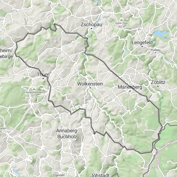 Map miniature of "Mountainous Challenge" cycling inspiration in Chemnitz, Germany. Generated by Tarmacs.app cycling route planner