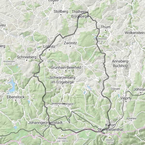 Karten-Miniaturansicht der Radinspiration "Erzgebirgische Höhen und Aussichtspunkte" in Chemnitz, Germany. Erstellt vom Tarmacs.app-Routenplaner für Radtouren