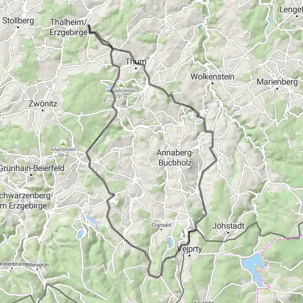 Map miniature of "Thum Adventure Loop" cycling inspiration in Chemnitz, Germany. Generated by Tarmacs.app cycling route planner