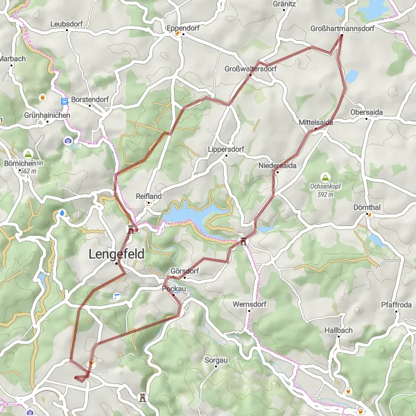 Karten-Miniaturansicht der Radinspiration "Gravel-Tour um Großhartmannsdorf" in Chemnitz, Germany. Erstellt vom Tarmacs.app-Routenplaner für Radtouren