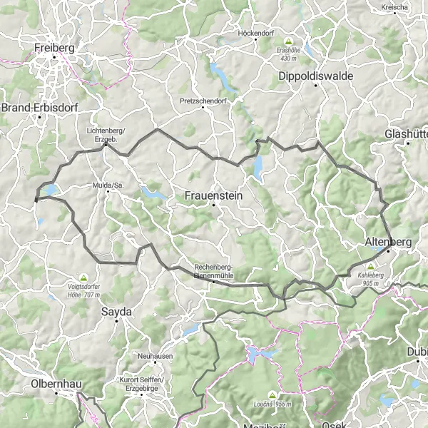 Karten-Miniaturansicht der Radinspiration "Hügelige Straßen und atemberaubende Ausblicke im Erzgebirge" in Chemnitz, Germany. Erstellt vom Tarmacs.app-Routenplaner für Radtouren