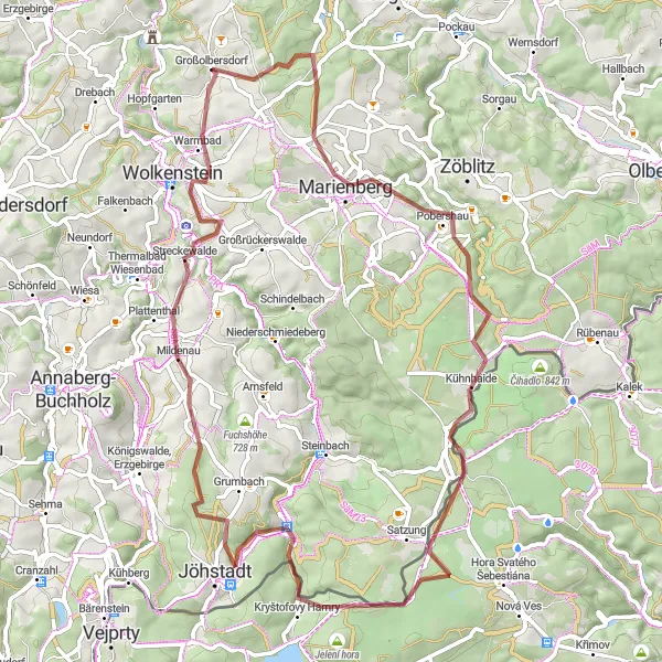 Map miniature of "Majestic Mountain Gravel Trail" cycling inspiration in Chemnitz, Germany. Generated by Tarmacs.app cycling route planner