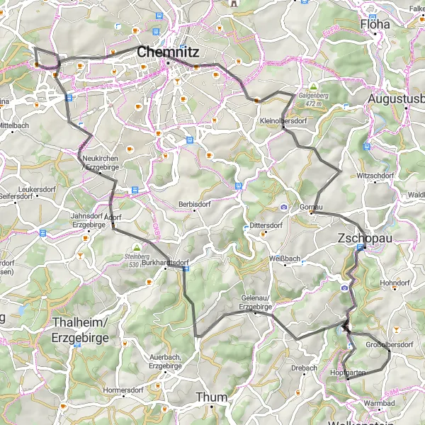 Map miniature of "Erzgebirge Road Challenge" cycling inspiration in Chemnitz, Germany. Generated by Tarmacs.app cycling route planner