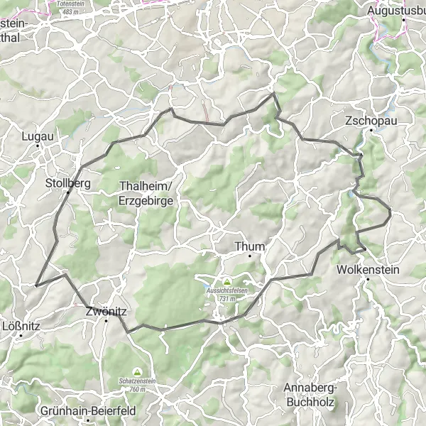Map miniature of "The Mountaintop Journey" cycling inspiration in Chemnitz, Germany. Generated by Tarmacs.app cycling route planner
