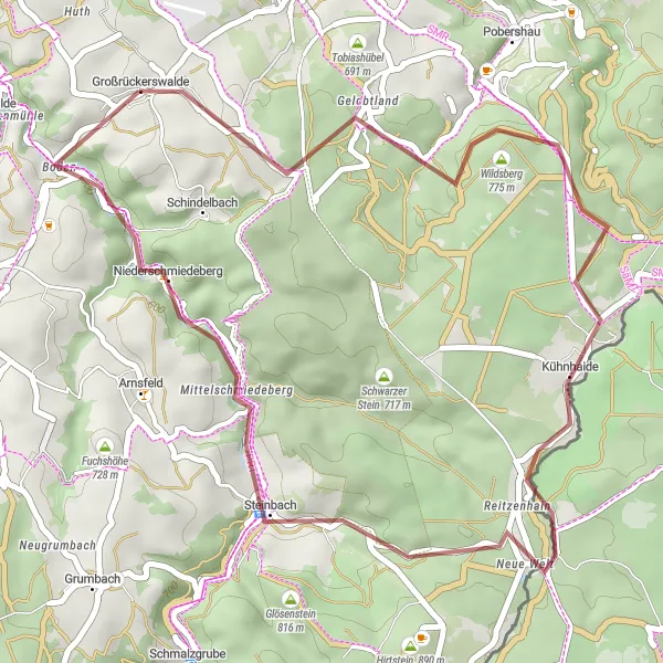 Karten-Miniaturansicht der Radinspiration "Kurvenreiche Schotterstrecke durchs Erzgebirge" in Chemnitz, Germany. Erstellt vom Tarmacs.app-Routenplaner für Radtouren