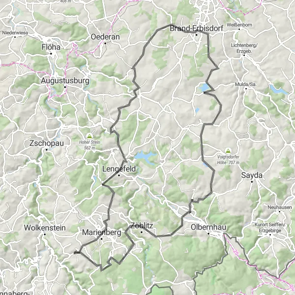 Karten-Miniaturansicht der Radinspiration "Abenteuerliche Strecke durchs Erzgebirge" in Chemnitz, Germany. Erstellt vom Tarmacs.app-Routenplaner für Radtouren