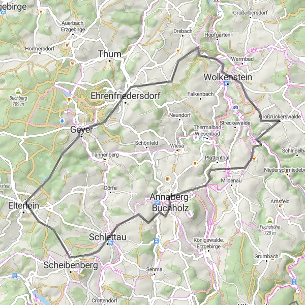 Map miniature of "Exploring Mildenau and St. Annenkirche" cycling inspiration in Chemnitz, Germany. Generated by Tarmacs.app cycling route planner