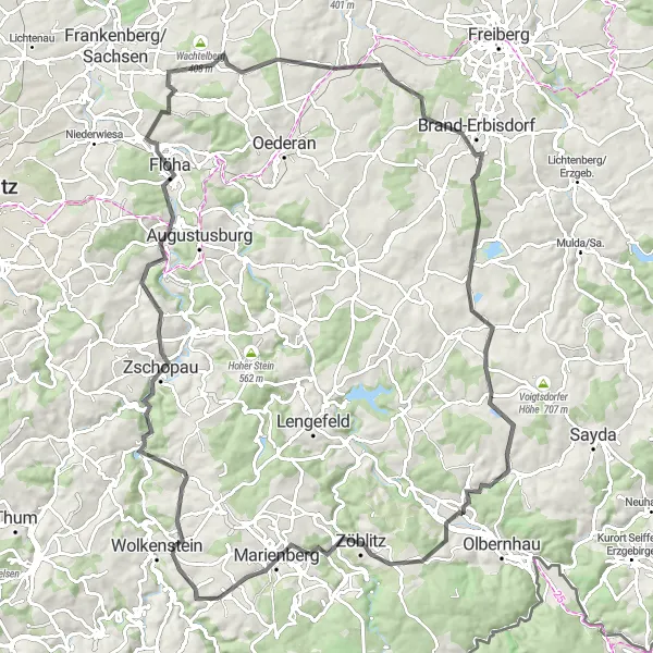 Karten-Miniaturansicht der Radinspiration "Panoramablicke im Erzgebirge" in Chemnitz, Germany. Erstellt vom Tarmacs.app-Routenplaner für Radtouren