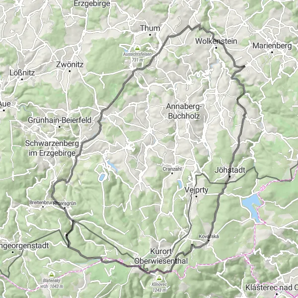 Karten-Miniaturansicht der Radinspiration "Road Trip durch die Natur um Großrückerswalde" in Chemnitz, Germany. Erstellt vom Tarmacs.app-Routenplaner für Radtouren