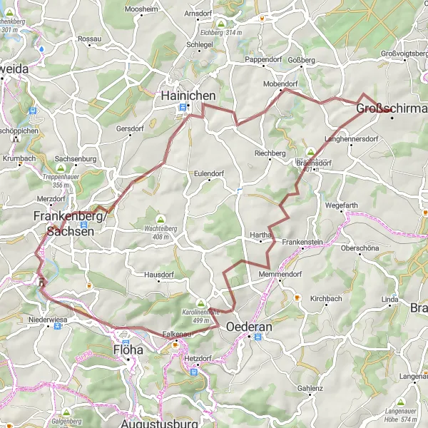 Map miniature of "The Ultimate Gravel Challenge" cycling inspiration in Chemnitz, Germany. Generated by Tarmacs.app cycling route planner