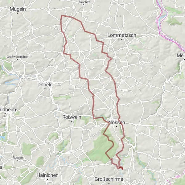 Karten-Miniaturansicht der Radinspiration "Gravel-Tour um Großschirma" in Chemnitz, Germany. Erstellt vom Tarmacs.app-Routenplaner für Radtouren