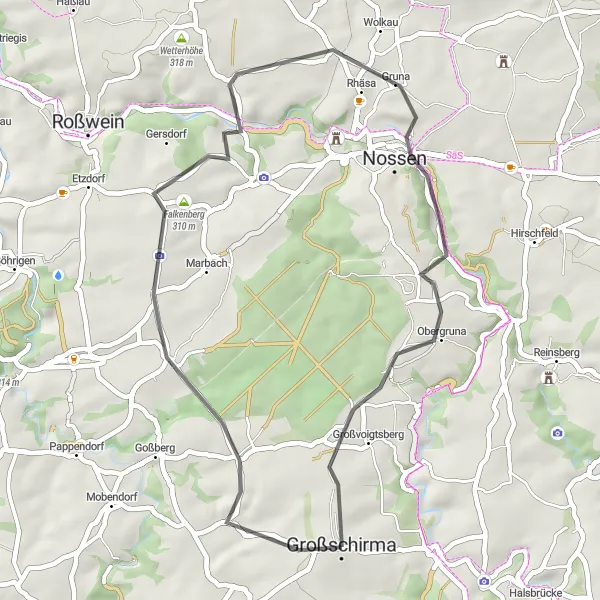 Karten-Miniaturansicht der Radinspiration "Road-Tour um Großschirma" in Chemnitz, Germany. Erstellt vom Tarmacs.app-Routenplaner für Radtouren