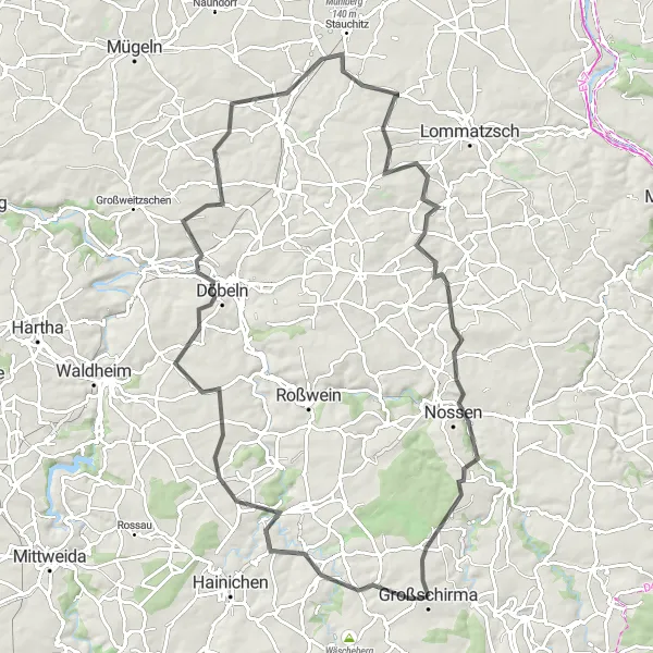 Map miniature of "Großschirma to Großvoigtsberg" cycling inspiration in Chemnitz, Germany. Generated by Tarmacs.app cycling route planner